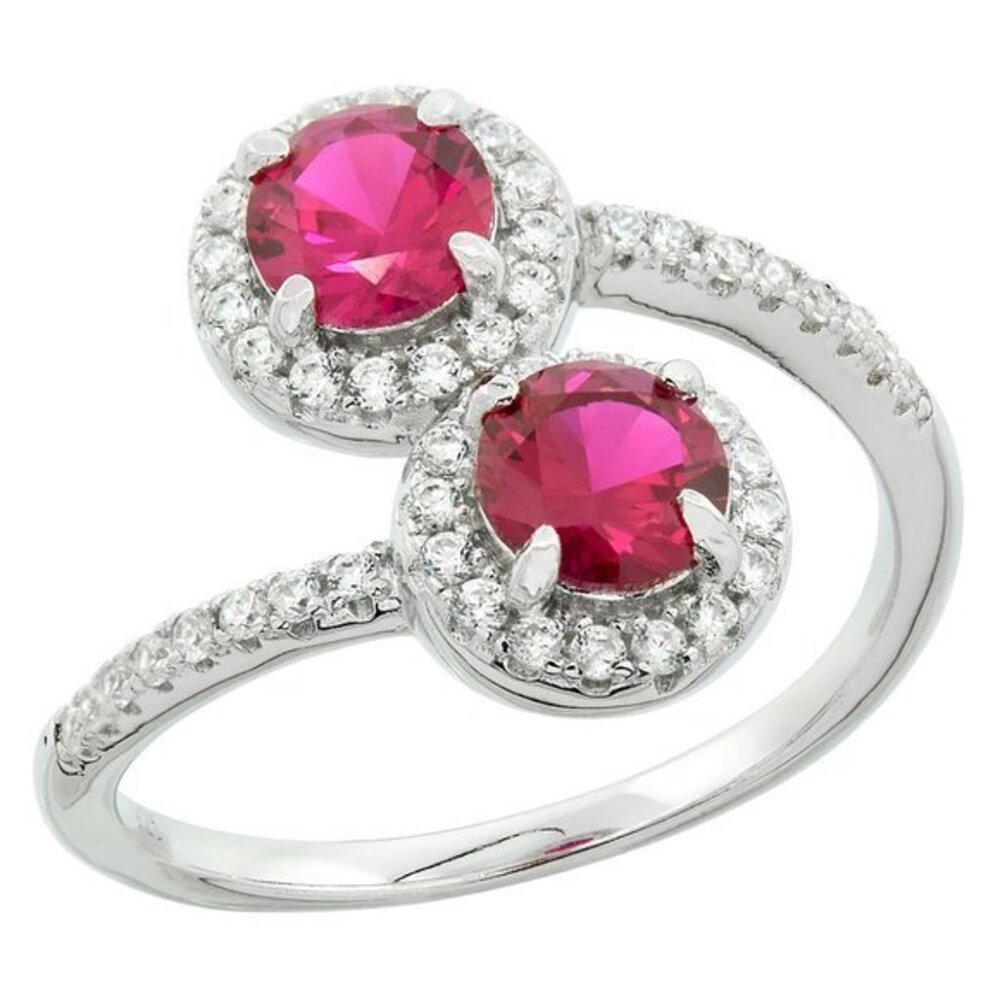 Sterling Silver Cubic Zirconia Red Round Bypass Ring Micro pave 19/32 inch